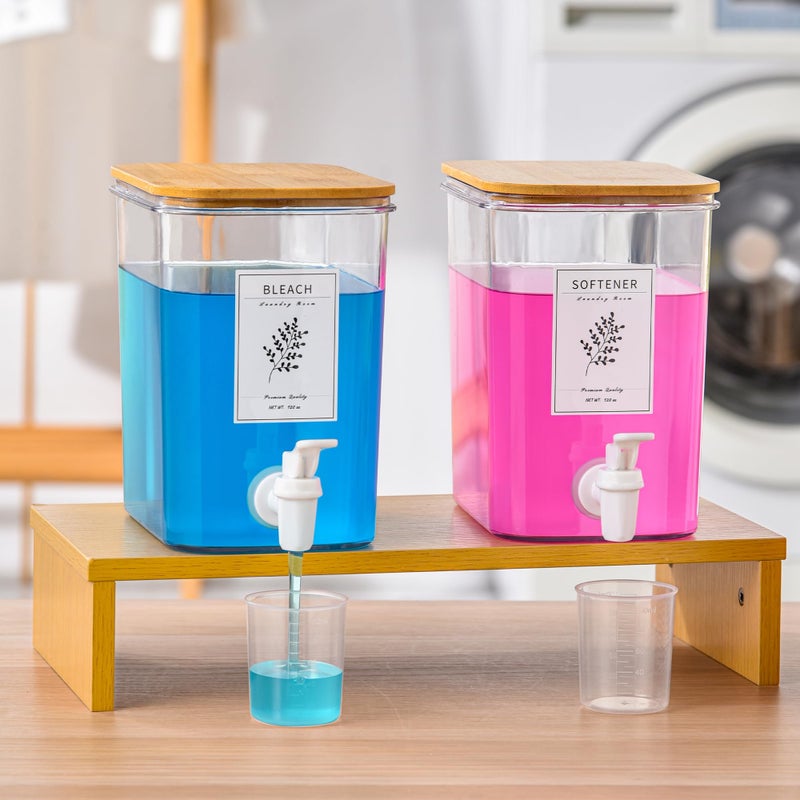 RoleDes Liquid Laundry Detergent Dispenser Set with Shelf and Bamboo Lids for Laundry Room Organization and Storage - 2 Pack 96 oz Laundry Containers for Laundry Soap, Fabric Softener - Image 1